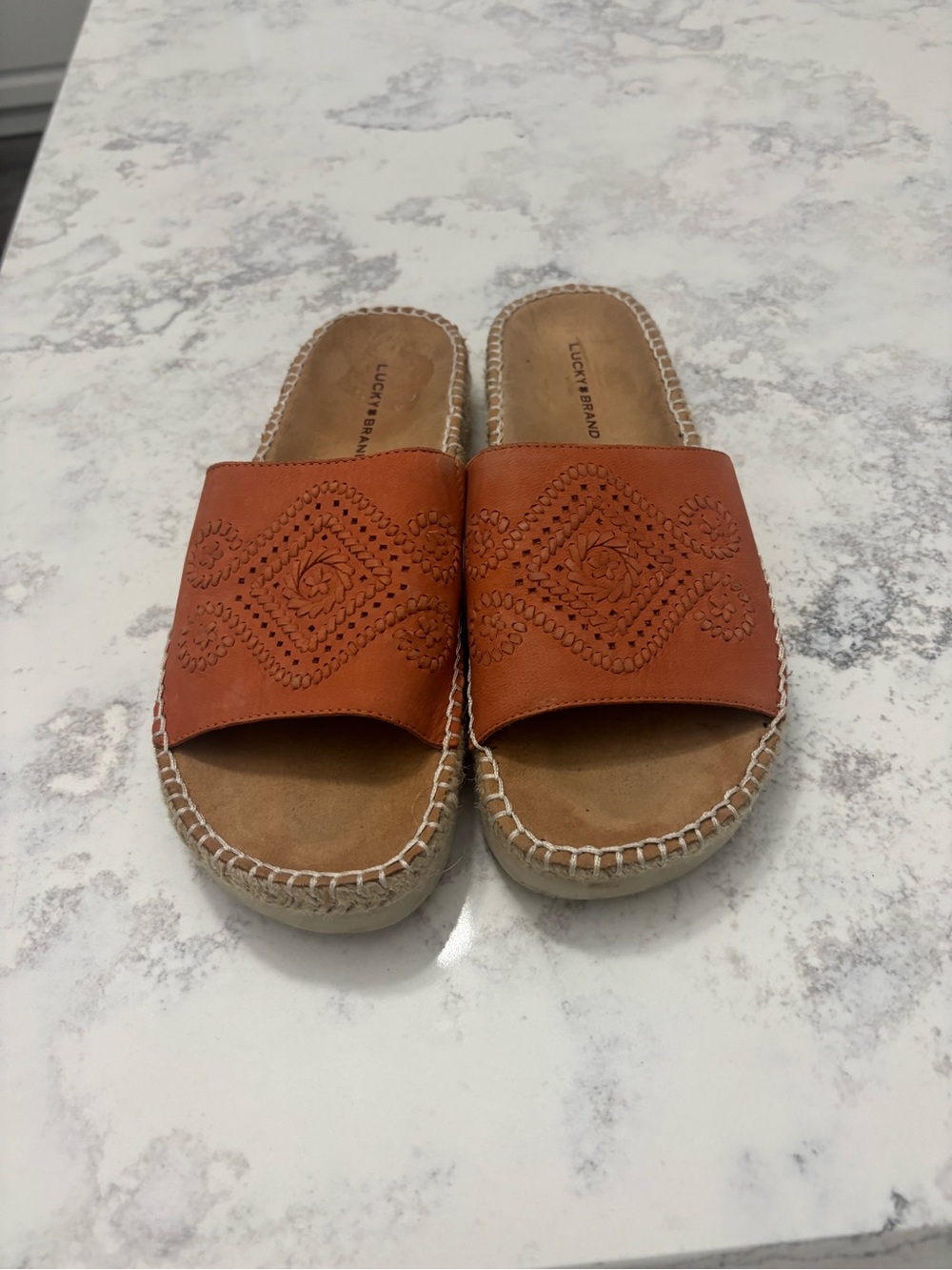 Lucky Brand Women's Orange Leather Slide Mules with Espadrille Sole